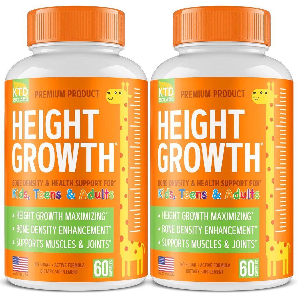 Kids Height Growth Support Capsules 2 Pack – Daily Development Formula with Calcium, Vitamin D3 & Zinc – Bone & Nutrition Support for Kids & Teens – Amino Blend – 120 Capsules Total