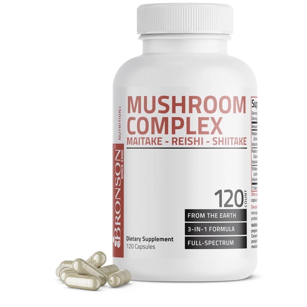 Bronson Triple Mushroom Complex - Maitake - Reishi - Shiitake - Powerful Antioxidant and Immune System Booster - Full Spectrum Mushroom Complex - 600 mg Capsules - 120 Count