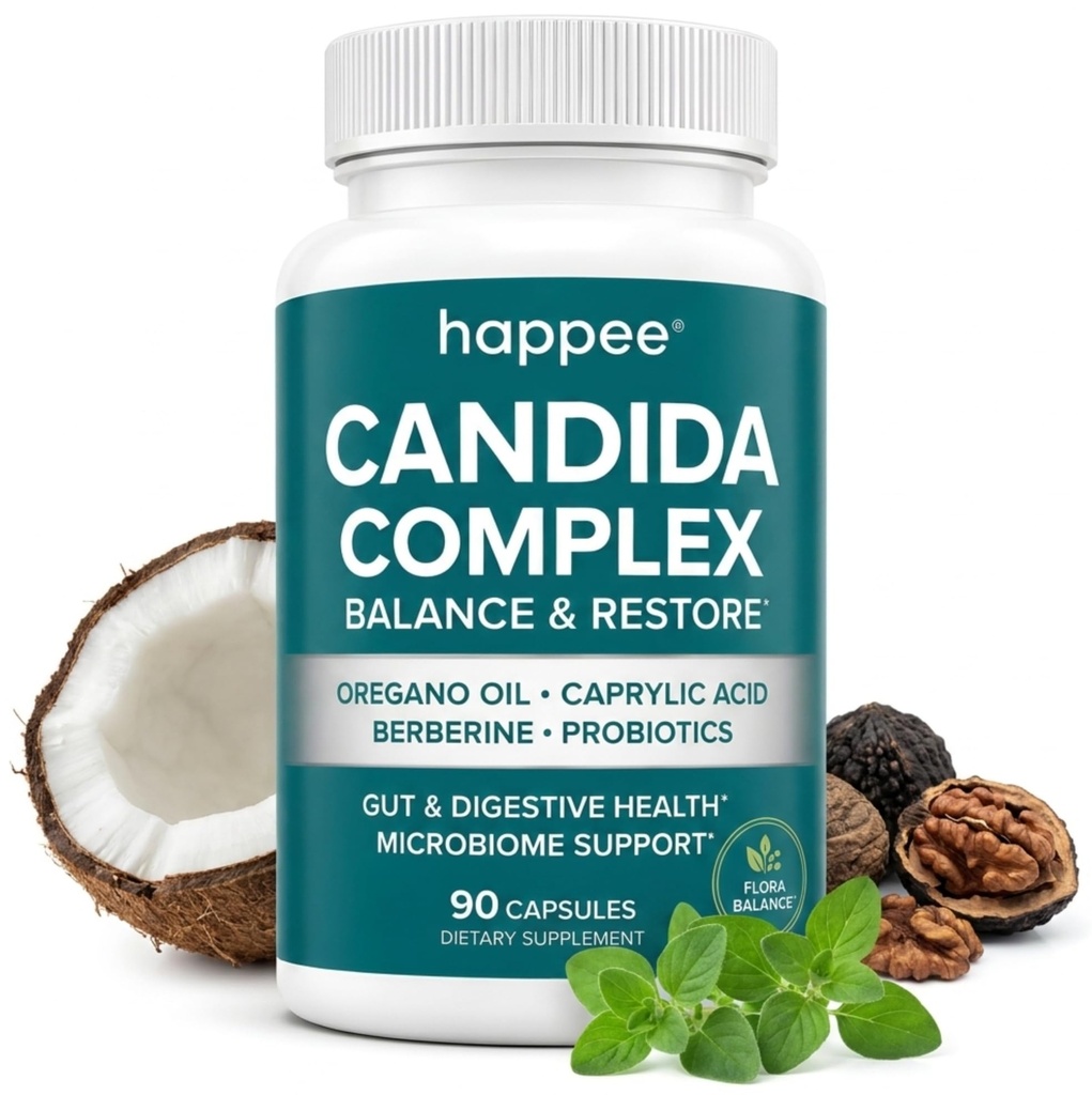 Happee Candida Cleanse Detox Supplement, Gut & Digestive Health, 90 Caps | For Women & Men - Yeast Overgrowth Support – Oregano, Caprylic Acid, Berberine & Probiotics