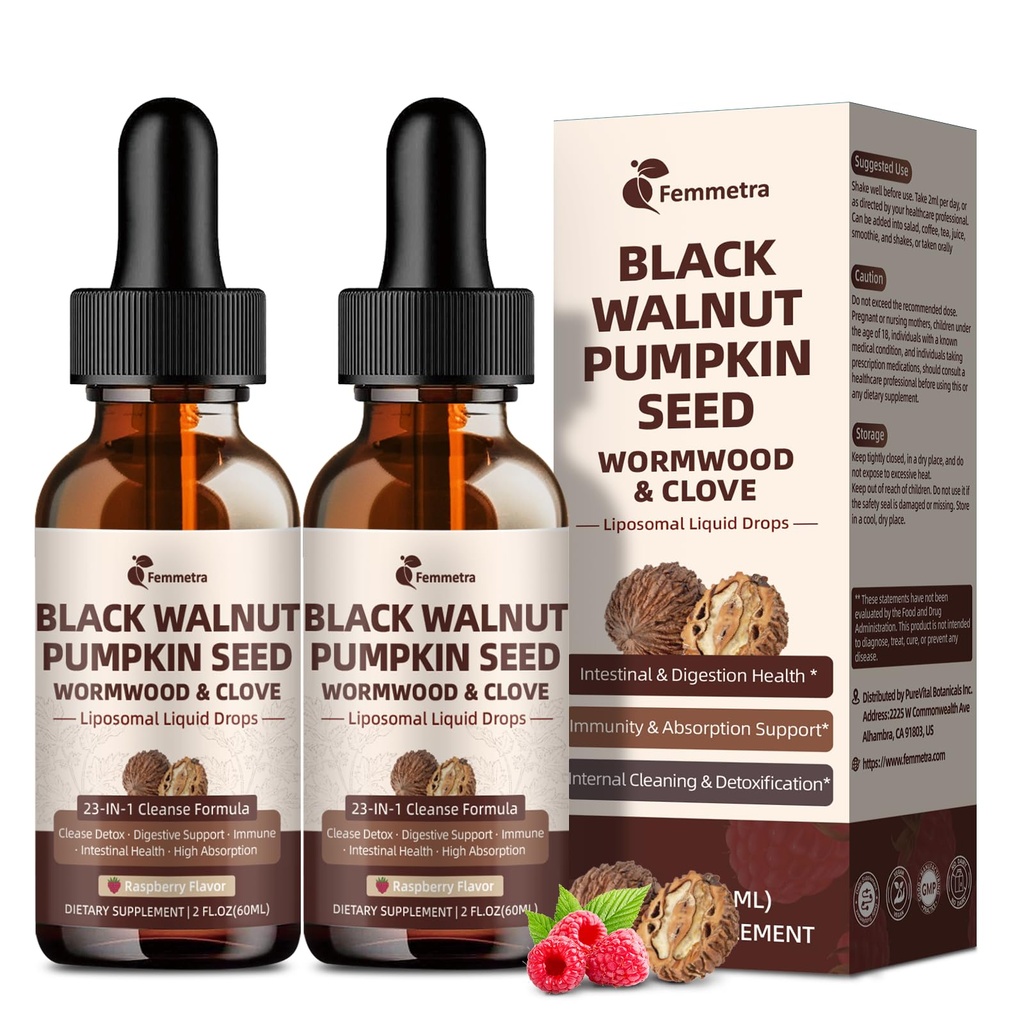(2 Pack) Black Walnut Wormwood Clove Cleanse for Humans Drops, 23-IN-1 Gut Health Support Supplement with Pumpkin Seed, PAU D'Arco, Oil of Oregano etc for Elimination Detox, Raspberry Flavor, 4 FL OZ