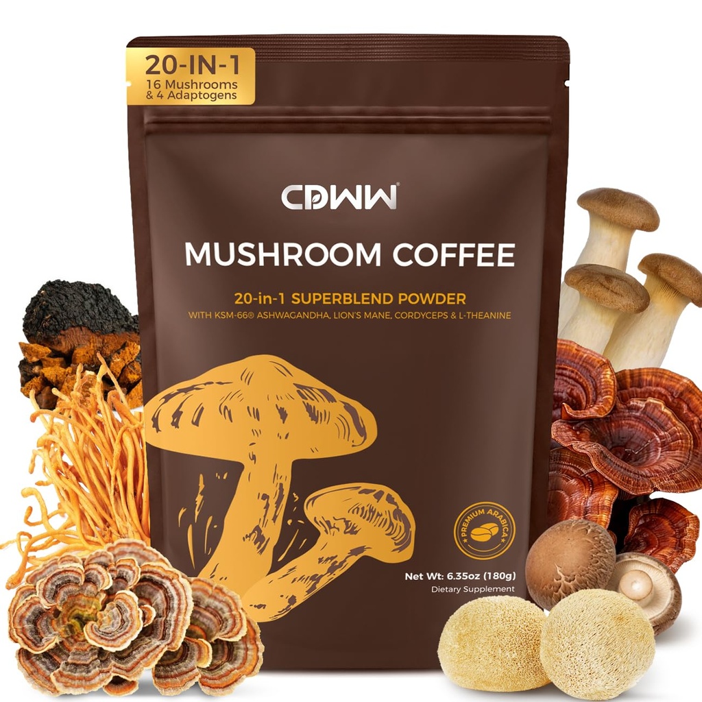 Mushroom Coffee, 20-in-1 Adaptogenic Mushrooms Instant Coffee Powder with Lion's Mane, Reishi, Cordyceps, Turkey Tail, King Trumpet & L-Theanine for Energy, Digestion & Immune Support, 30 Servings