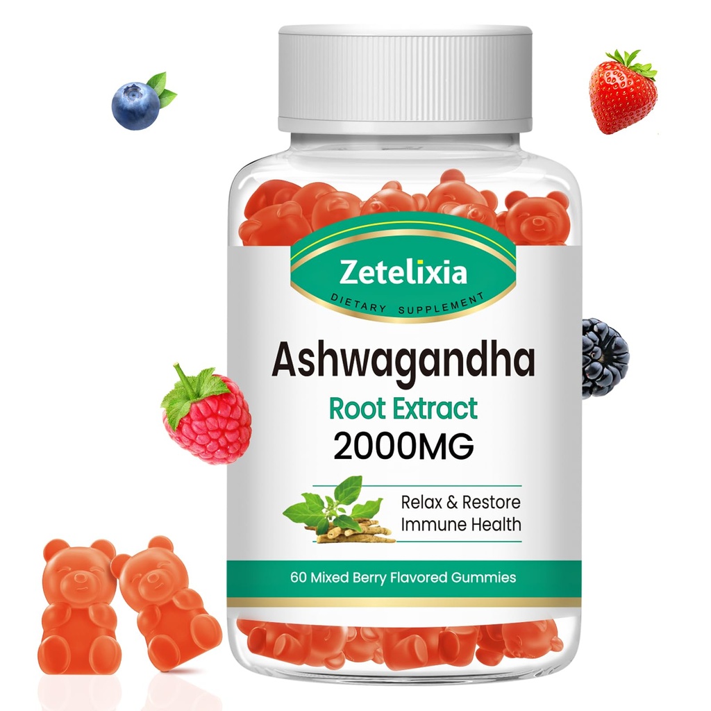 Ashwagandha Gummies, Extra Strength Vitamin D3, Organic Ashwa Root Extract Supplement for Calm Mood Relaxation & Immune Support, Mixed Berry Vegan Sugar Free Chews 60 Count