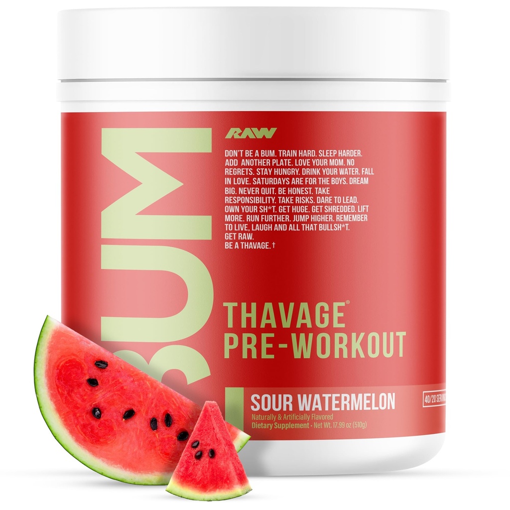 RAW Preworkout Powder, Thavage (Sour Watermelon) - Chris Bumstead Sports Nutrition Supplement for Men & Women - Cbum Pre Workout for Working Out, Hydration, Mental Focus & Energy - 40 Servings