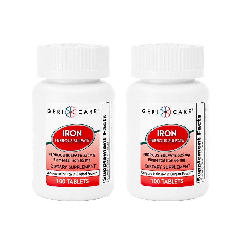 GeriCare Ferrous Sulfate Tablets 325mg, Elemental Iron 65 mg High Potency Iron Supplement | Dietary Supplement 100 Count. (Pack of 2)