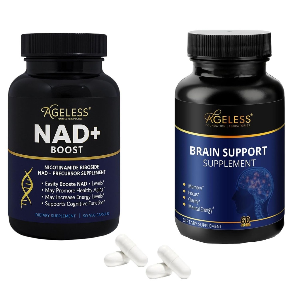 Ageless NAD+ & Brain Support – Nicotinamide Riboside 300mg & Nootropic Cognitive Supplement for Energy, Focus, Memory & Anti-Aging – for Men & Women – 30 + 60 Capsules