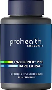 ProHealth Enzogenol Pine Bark Extract 250 mg per 2 Capsule Serving, 60 Capsules from New Zealand for Those Over 40 to Promote Brain and Heart Health, Exercise Recovery, Protect Joints from Damage