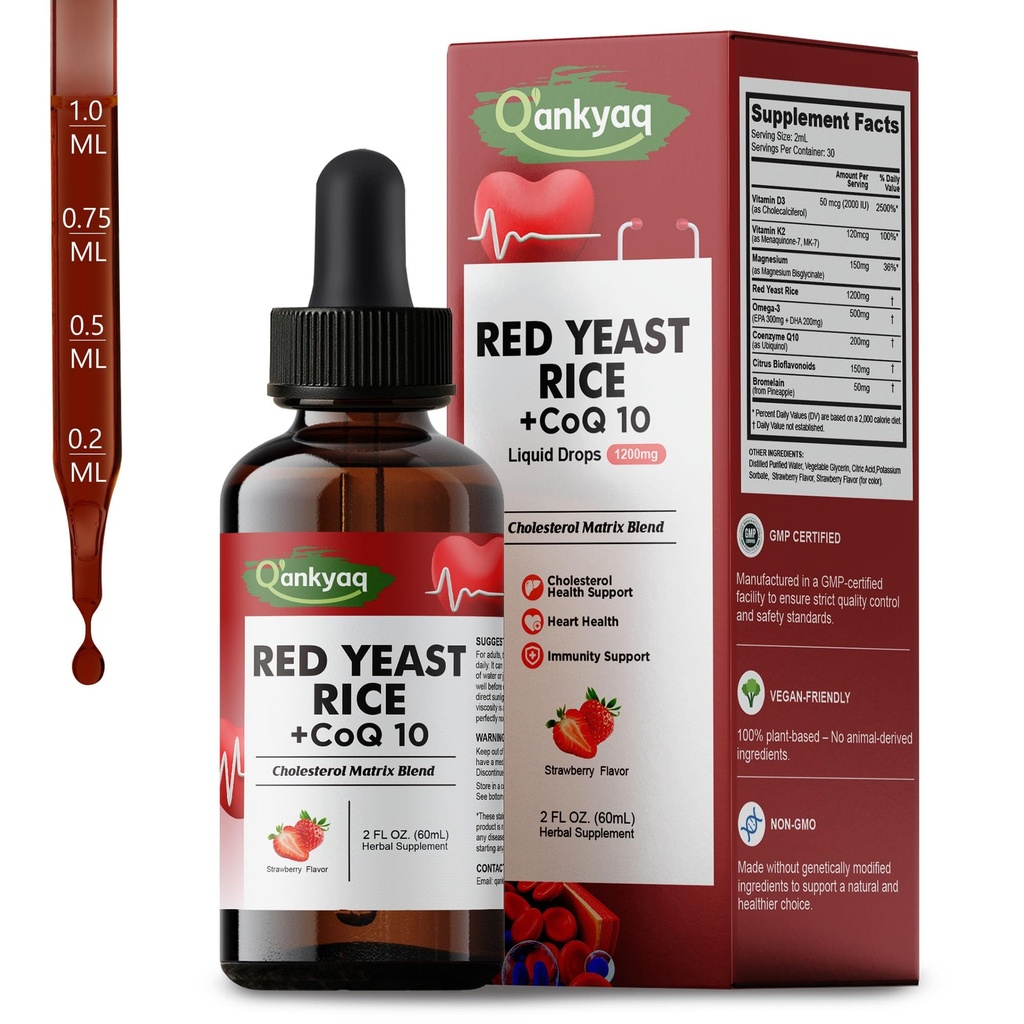 Q'ankyaq Red Yeast Rice with CoQ10 Liquid, Omega-3, Citrus Bioflavonoids | Cholesterol & Heart* Support Supplements, 1200mg Red Yeast Rice Extract, Sugar Free, 60mL