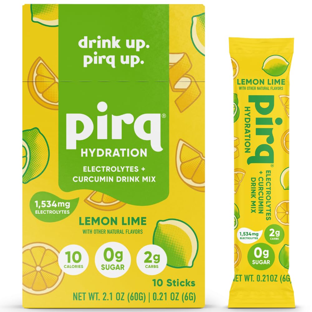 Pirq Hydration - Lemon Lime - Hydration Powder Packets | Electrolyte Drink Mix | Curcumin | B Vitamins | Zero Sugar | Keto Friendly | 10 Sticks