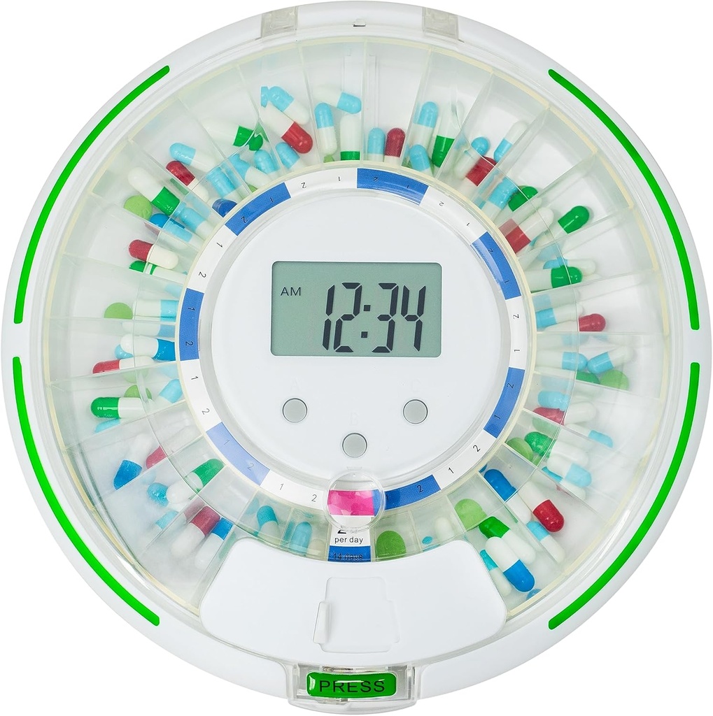 Automatic Pill Dispenser for Elderly with Alarm, Lock 28-Day Medication Dispenser, 6 Dosage Templates, Sound & Light Alerts & Key for Vitamins, Supplements (Clear Lid)