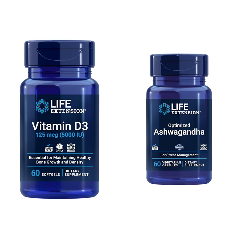 Life Extension Vitamin D3 5000 IU, Ashwagandha - Stress Relief, Focus, Memory, Mood Support - Non-GMO Supplement Bundle