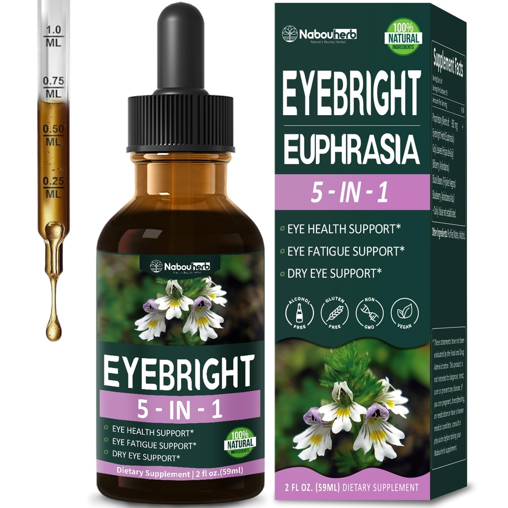 Natural Eyebright Drops, Organic Eyebright Herb Extract, 5-in-1 Herbal Eye Support Formula for Eye Health & Dry Eye Support with Euphrasia, Bilberry & Blueberry, 2oz