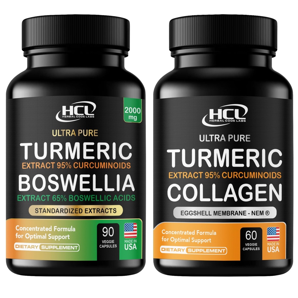 Turmeric Boswellia Extract Supplement 2000 mg + Turmeric Curcumin 95% Extract & Collagen Capsules - NEM Promotes Knee Comfort & Flexibility - Eggshell Membrane w Naturally Occurring Glucosamine