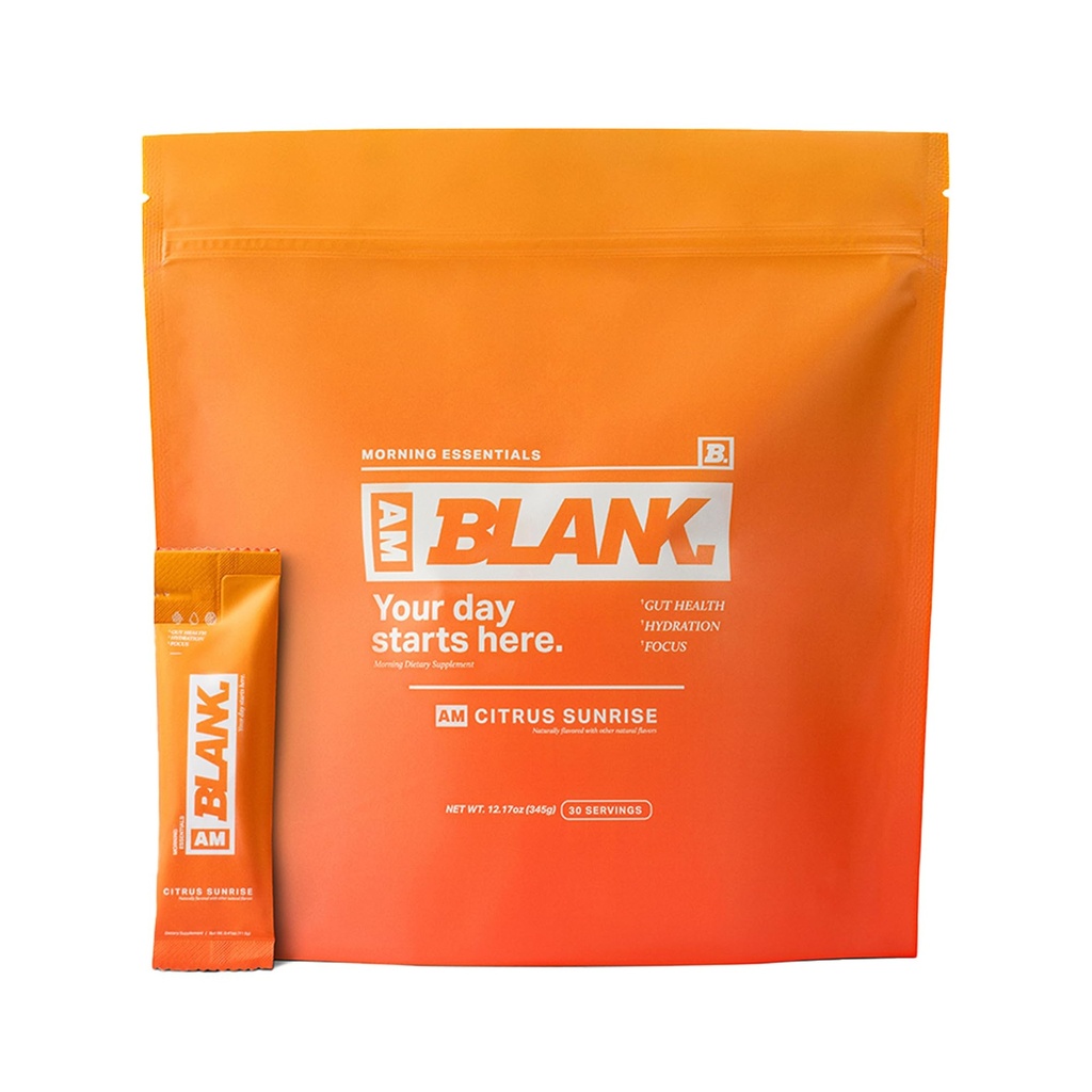 Blank Nutrition Blank AM – Caffeine-Free Morning Essentials Powder, Daily Drink Mix with Electrolytes, Prebiotics & Vitamins, Citrus Sunrise, 30 Servings