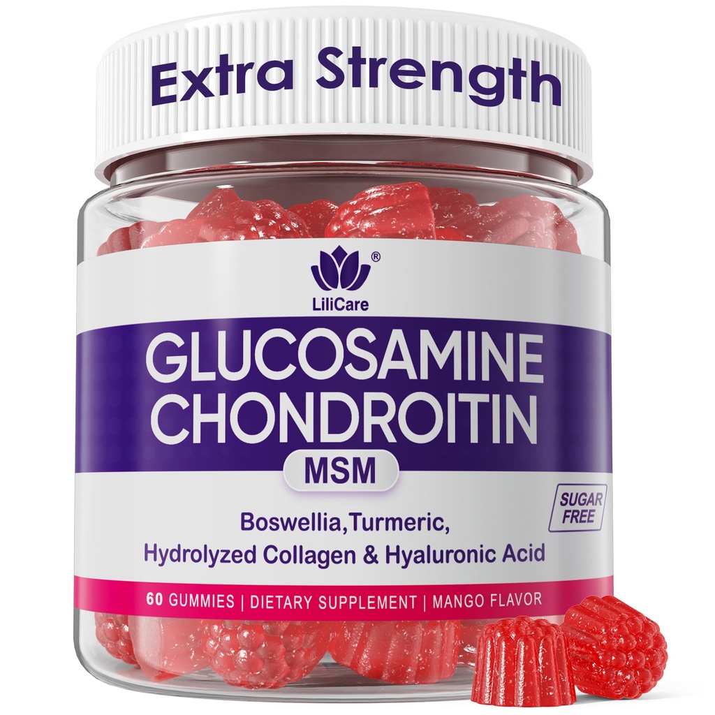 Glucosamine Chondroitin Gummies, Sugar Free Glucosamine Chondroitin MSM Supplement, Extra Strength with Boswellia Turmeric, Hydrolyzed Collagen & Hyaluronic Acid, Bone Health for Men & Women, 60 Cts