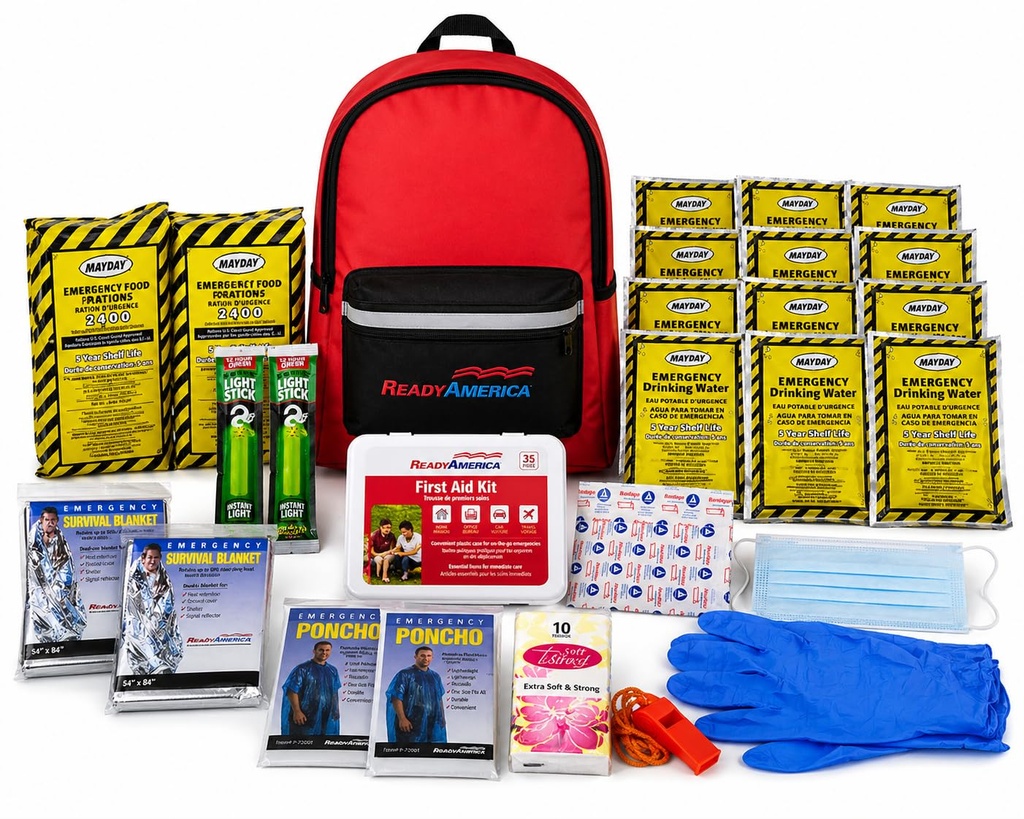 Ready America 70280 72 Hour Emergency Kit, 2-Person, 3-Day Backpack, Includes First Aid Kit, Survival Blanket, Portable Preparedness Go-Bag for Camping, Car, Earthquake, Travel, Hiking, and Hunting, Red | 72-Hour Emergency Kit with First Aid, Survival Blanket and Portable Go-Bag for Travel, Camping, Home, Car and Outdoors