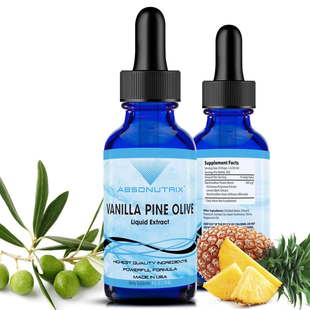 Vanilla Pine Olive Leaf Liquid Extract 390 mg, 4 FL OZ Olive Leaf Supplement for Immune Support, 302 Servings, Made in USA, Quick Absorption, Non-GMO, GMP Certified, Cruelty-Free Products