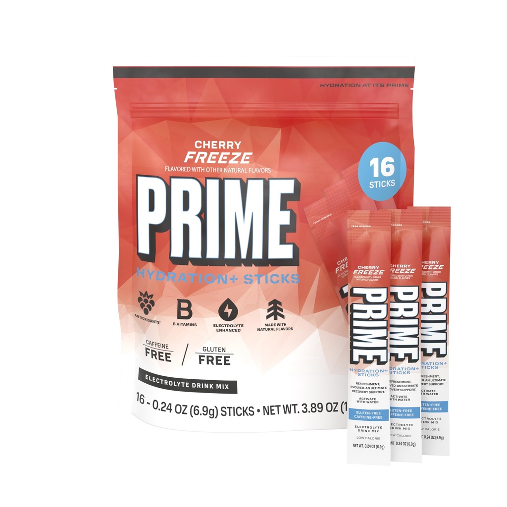 PRIME HYDRATION+ Electrolyte Powder Sticks, Cherry Freeze, Sugar Free Hydration Drink Mix with Potassium, Magnesium & B Vitamins to Replenish Fluids, Caffeine Free, 16 Count