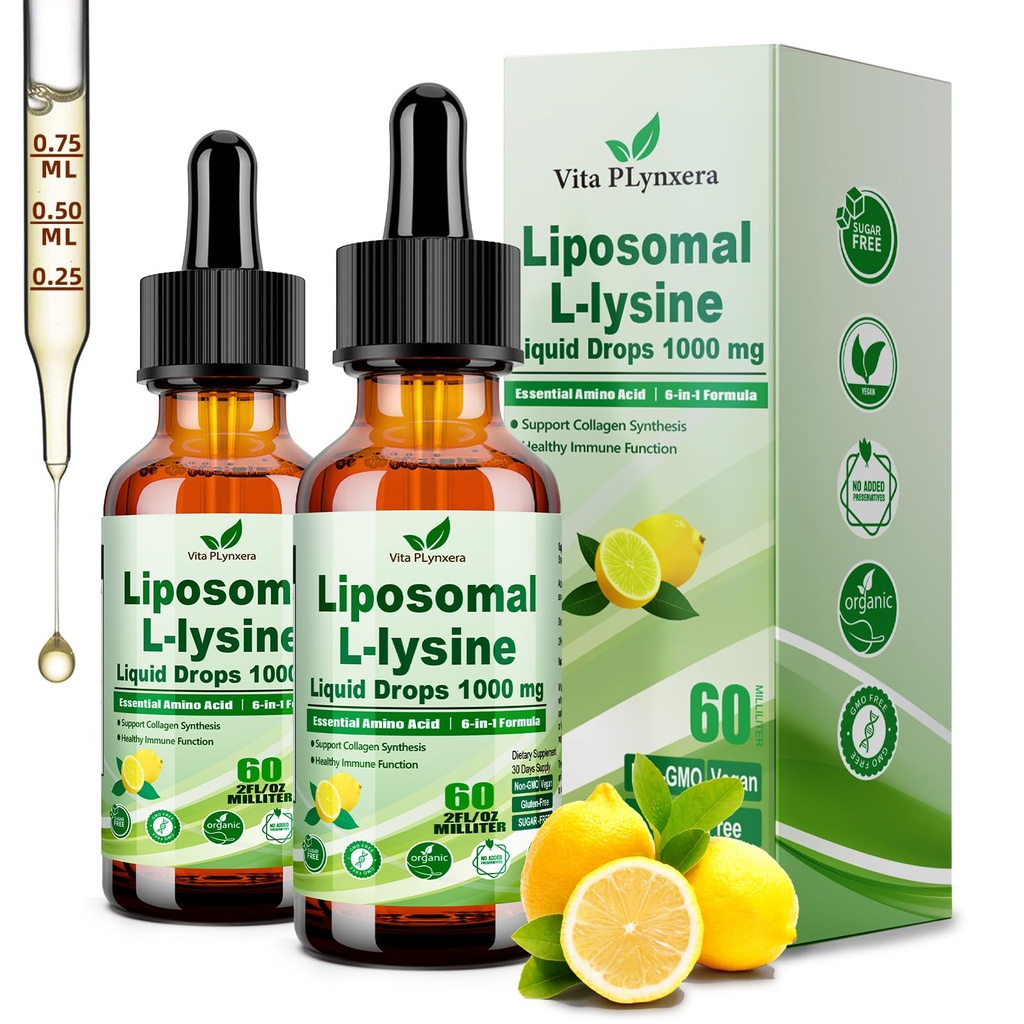 2 Pack L-Lysine 1000mg Liquid Drops w. Monolaurin Olive Leaf Extract Vitamin C D3 & Zinc, 6-in-1 Essential Amino Acid for Immune Collagen Lip & Oral Health, Liposomal Lysine for Better Absorption