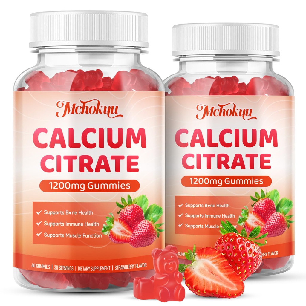Calcium Citrate Gummies 1200mg Chewable Calcium Supplement, 120 Count | Calcium Chews for Men & Women. Sugar-Free Vegan Strawberry. Supports Bone Health, Muscle Function & Daily Wellness