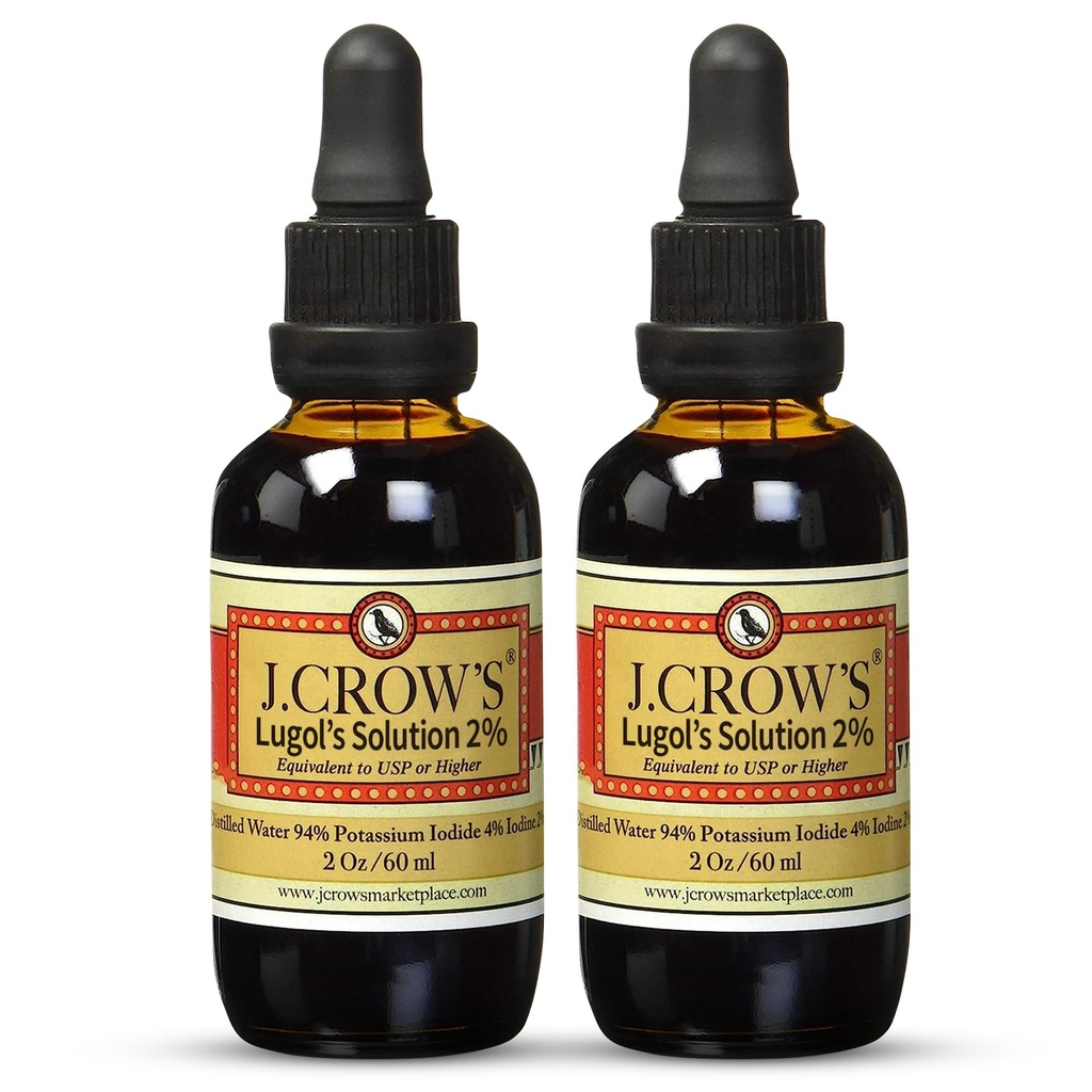 J.CROW'S® Lugol's Solution of Iodine 2% 2 oz (2 Bottle) – Premium Iodine & Potassium Iodide Liquid, Gluten & Alcohol-Free Natural Brine Extract, No Expiration - 1200 Drops