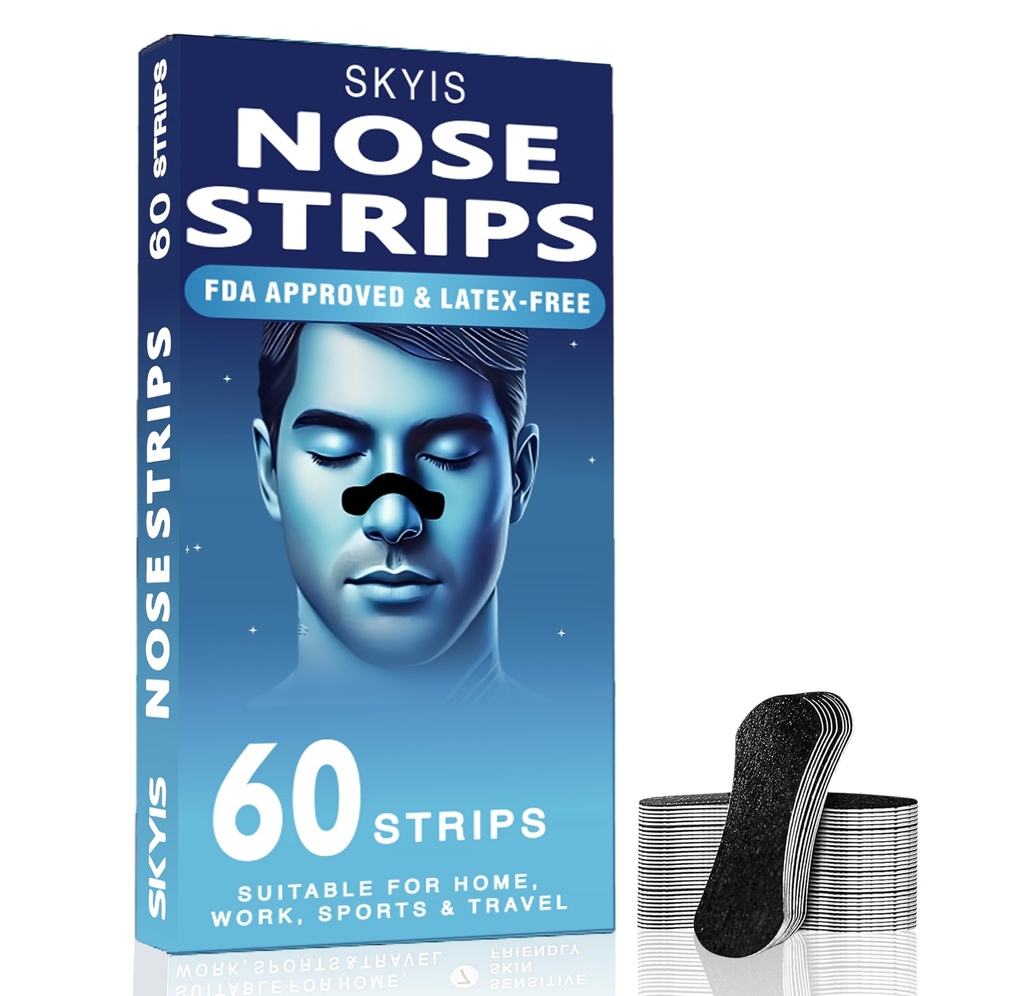 Skyis Nasal Strips for Breathing and Snoring – 60 Count Strong Hold, Sweat Resistant, Comfortable Fit – Extra Strength Nose Strips for Sleep, Day and Night – Relieves Nasal Congestion