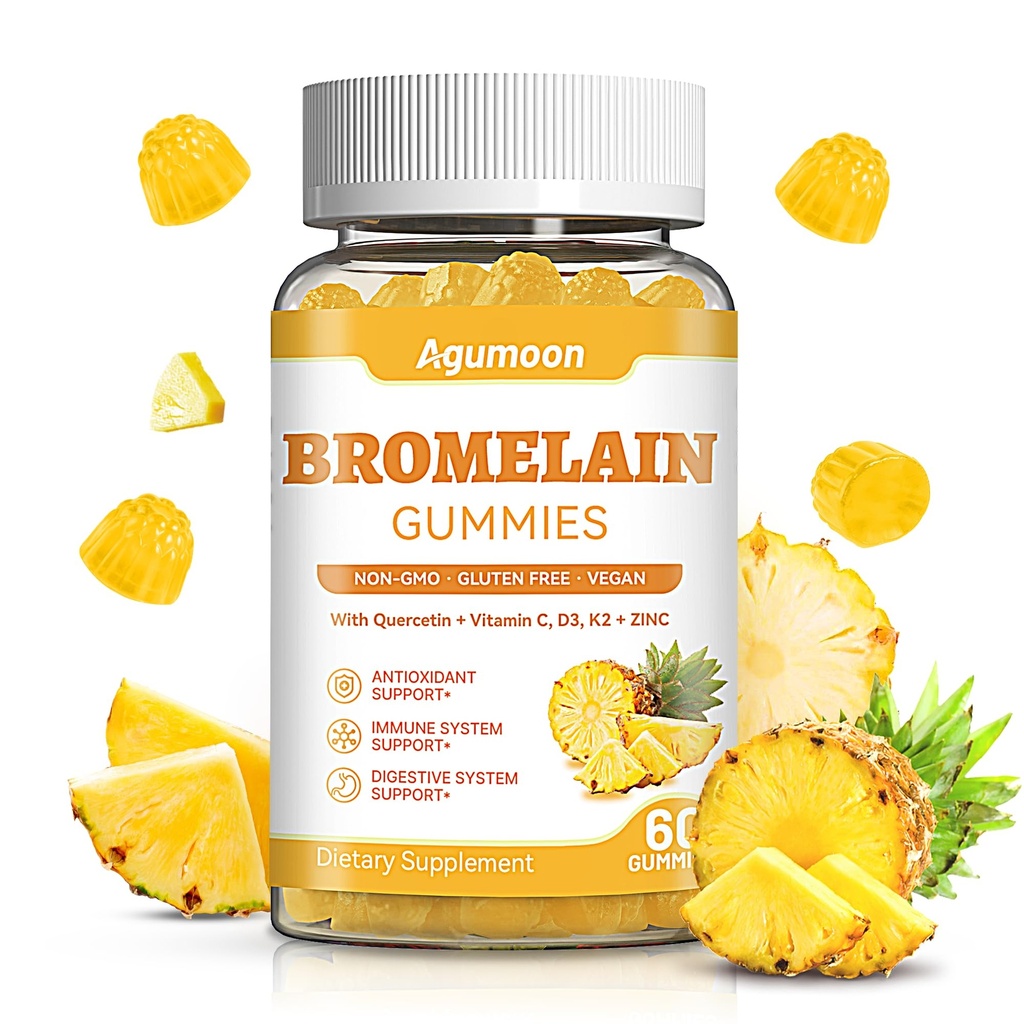 Bromelain Gummies for Women & Men, Vegan, Pineapple Flavor, 60 Gummies | 1000 mg Bromelain with Quercetin, Elderberry, Echinacea, Vitamin C, D3, K2 & Zinc, Sugar Free Formula