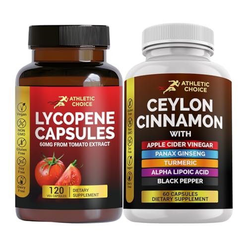 Lycopene and Ceylon Cinnamon Bundle, 180 Capsules Combo w/ACV, Turmeric, Ginseng, Alpha Lipoic Acid & Black Pepper Powder, Non-GMO & Gluten-Free Lycopene Supplement for Men and Women