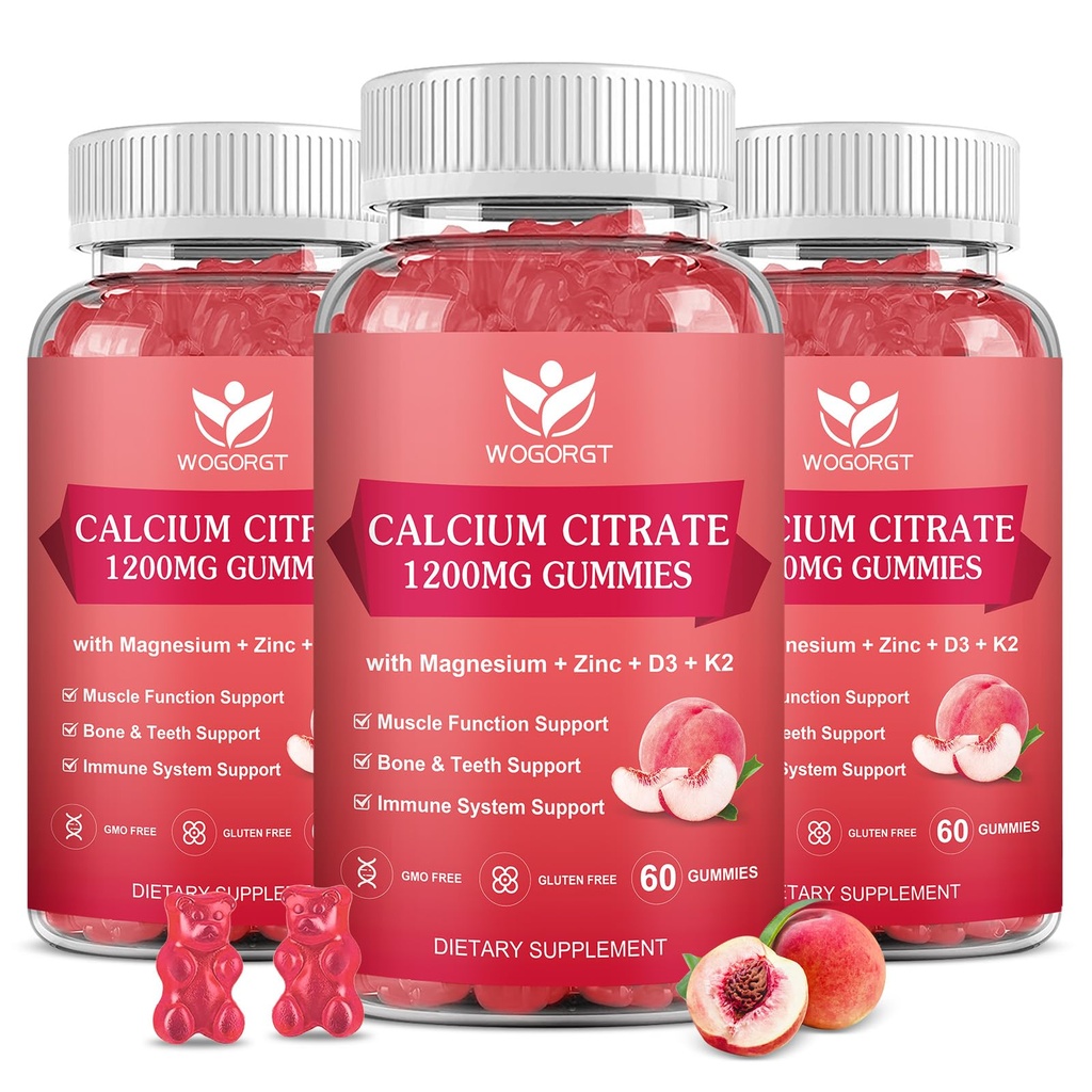 Calcium Citrate 1200mg Gummies with Vitamin D3 K2 for Women, 60Ct (3Pack) | WOGORGT - Chewable Calcium Citrate Gummies Supplement with Magnesium, D3, K2 & Sea Moss Extract, Bone Support, Peach Flavor