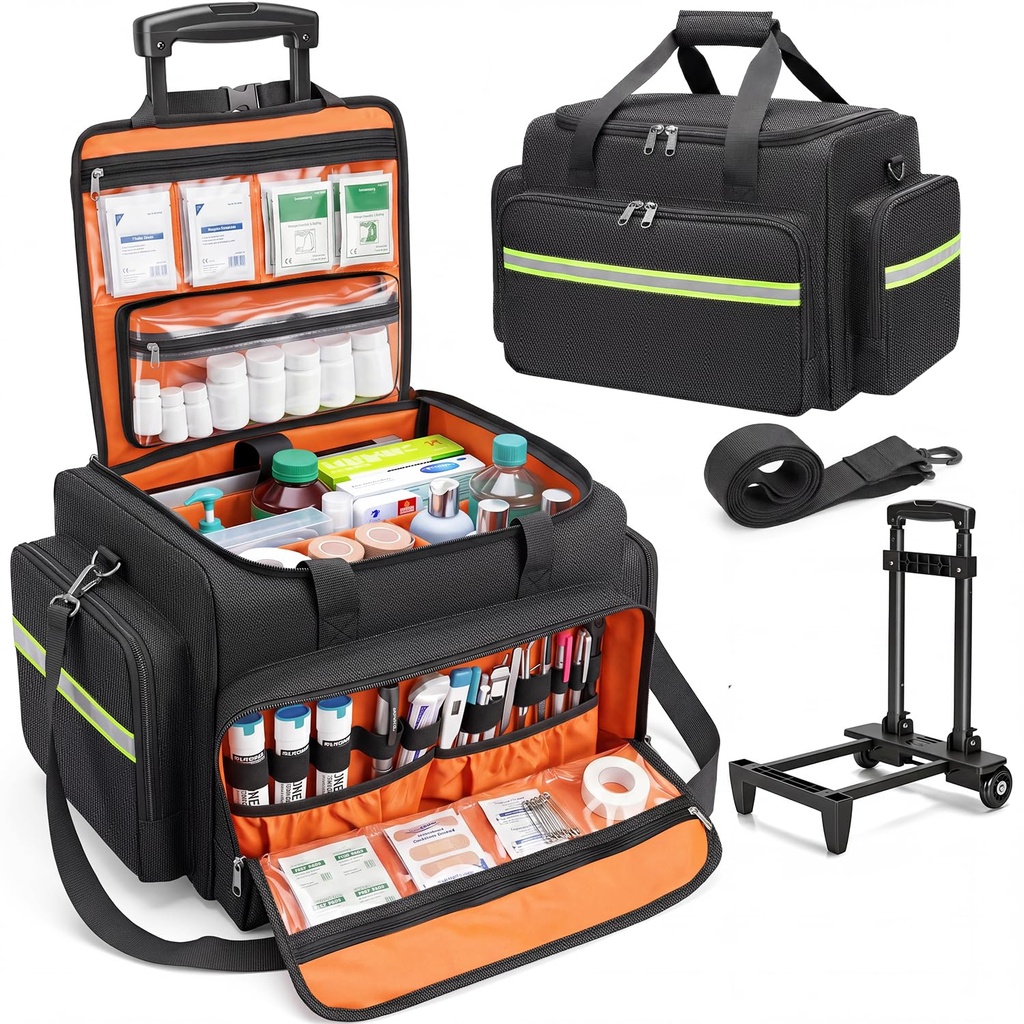 Rolling Medical Bag with Detachable Trolley, Nurse Medical Bag on Wheels with Dividers & Laptop Sleeve, Medical Supply Bag for Home Health Nurse, Doctor, Black