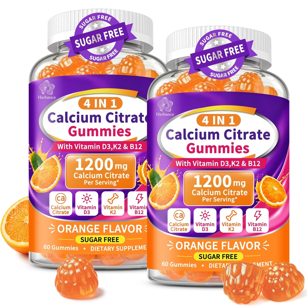 2 Packs Calcium Citrate Gummies 1200mg with Vitamin D3 K2 B12, 4-in-1 High Absorption Calcium Supplement for Women Men, Bone Teeth Muscle Support, Calcium Gummies for Adults,Sugar Free,Orange Flavor