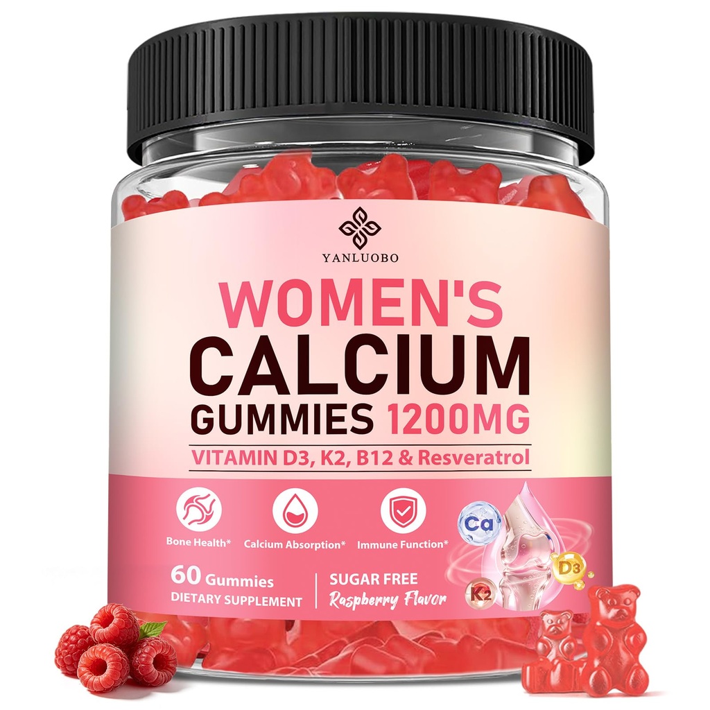 Calcium Gummies for Women，Calcium Citrate 1200 mg with Vitamin D3, K2, B12, Magnesium, Zinc & Boron, Immune Support, Calcium Supplement for Women, Vegan, Sugar-Free, 60 Count