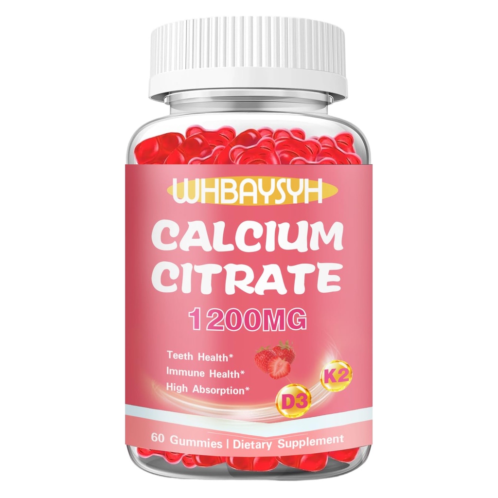 Calcium Citrate Gummies,Chewable Calcium Supplement with Vitamin D3 & K2,Magnesium,Zinc,Support Immune,for Men & Women,No Sugar,Strawberry Flavor,60 Count