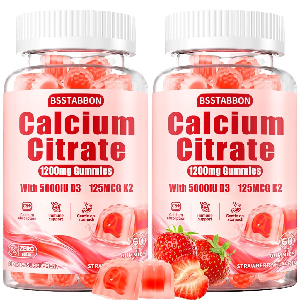 Calcium 1200 mg with Vitamin D3 Gummies: Calcium Citrate Gummies | Extra Strength with Vegan Vitamin D3 5000IU K2 125mcg - Organic Chewable Sugar Free - Easy to Digest for Adults (120Count)