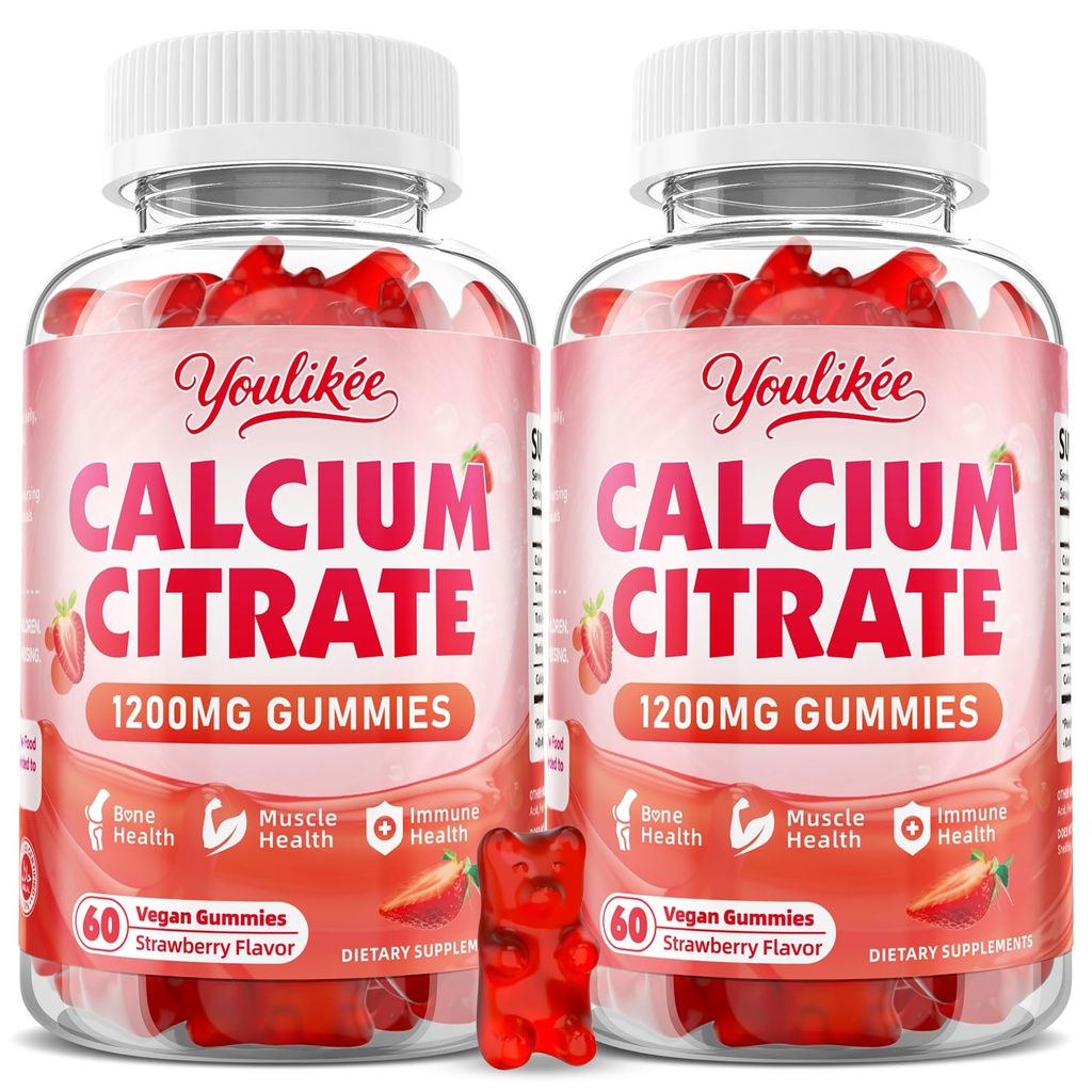 2 Pack Calcium Citrate Gummies 1200 mg, Calcium Supplement for Women & Men | Ultimate Absorption Calcium Gummies for Muscle & Immune Support, Strawberry Flavor, 120 Count