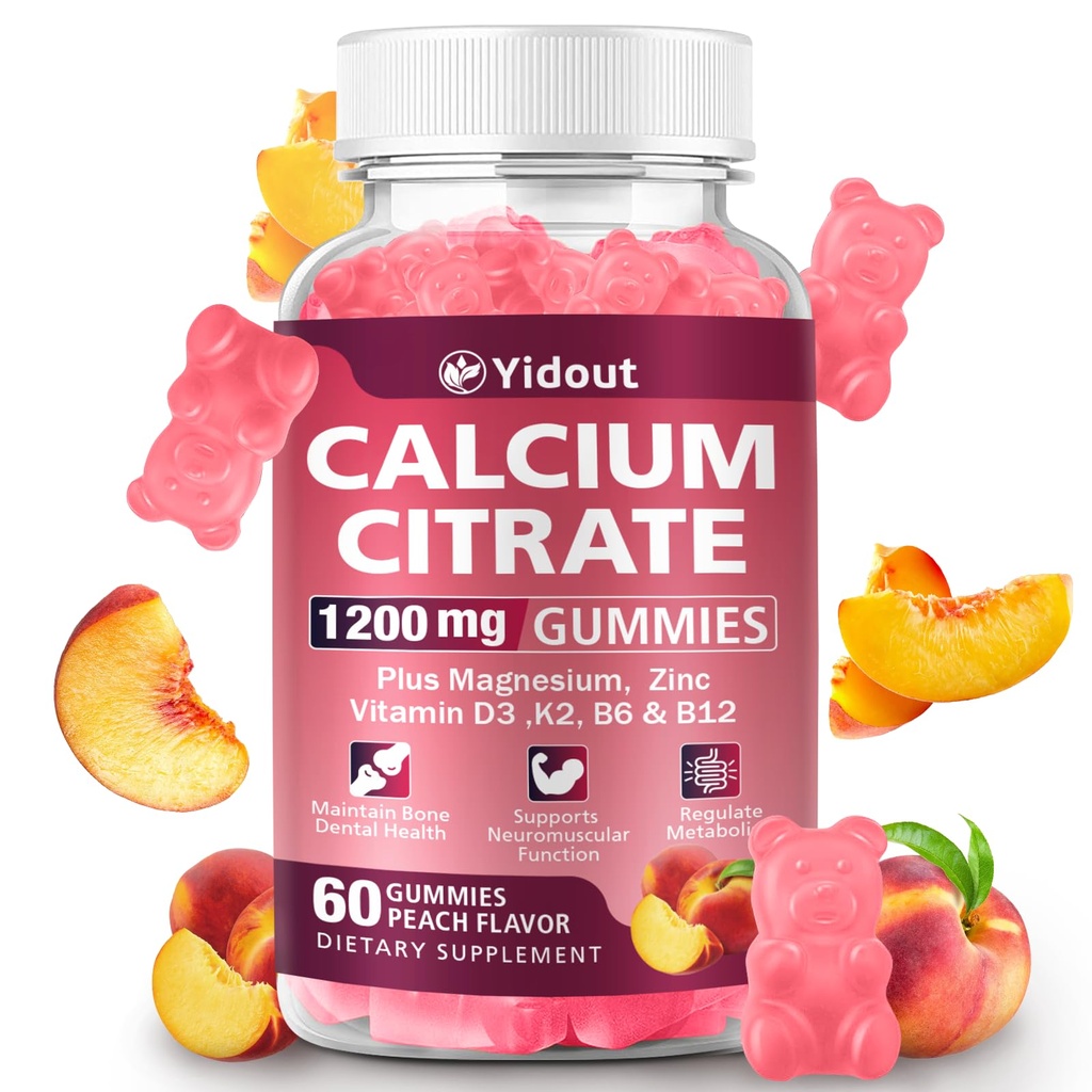 1200mg Calcium Citrate Gummies, High Absorption Bone & Immune Support, Peach 60 Count