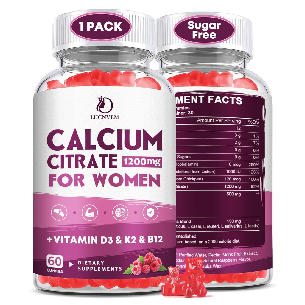 Calcium Gummies for Women, Calcium Citrate 1200 mg with Vitamin D3 K2 B12 | High Absorption Calcium Citrate Supplement for Digestion Bone & Teeth Support, Sugar Free Raspberry Flavor, 30 Day Supply