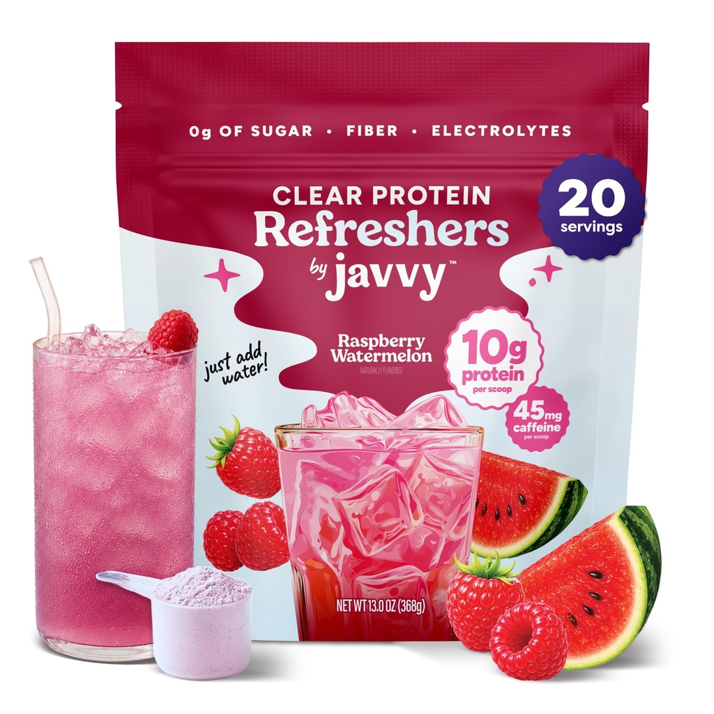 Javvy Clear Protein Powder with Clear Whey Protein, Raspberry Watermelon | 10g Whey Protein & Collagen Peptides, Electrolyte Powder, Natural Flavors, 0g Sugar, 3g Fiber, 45mg Caffeine