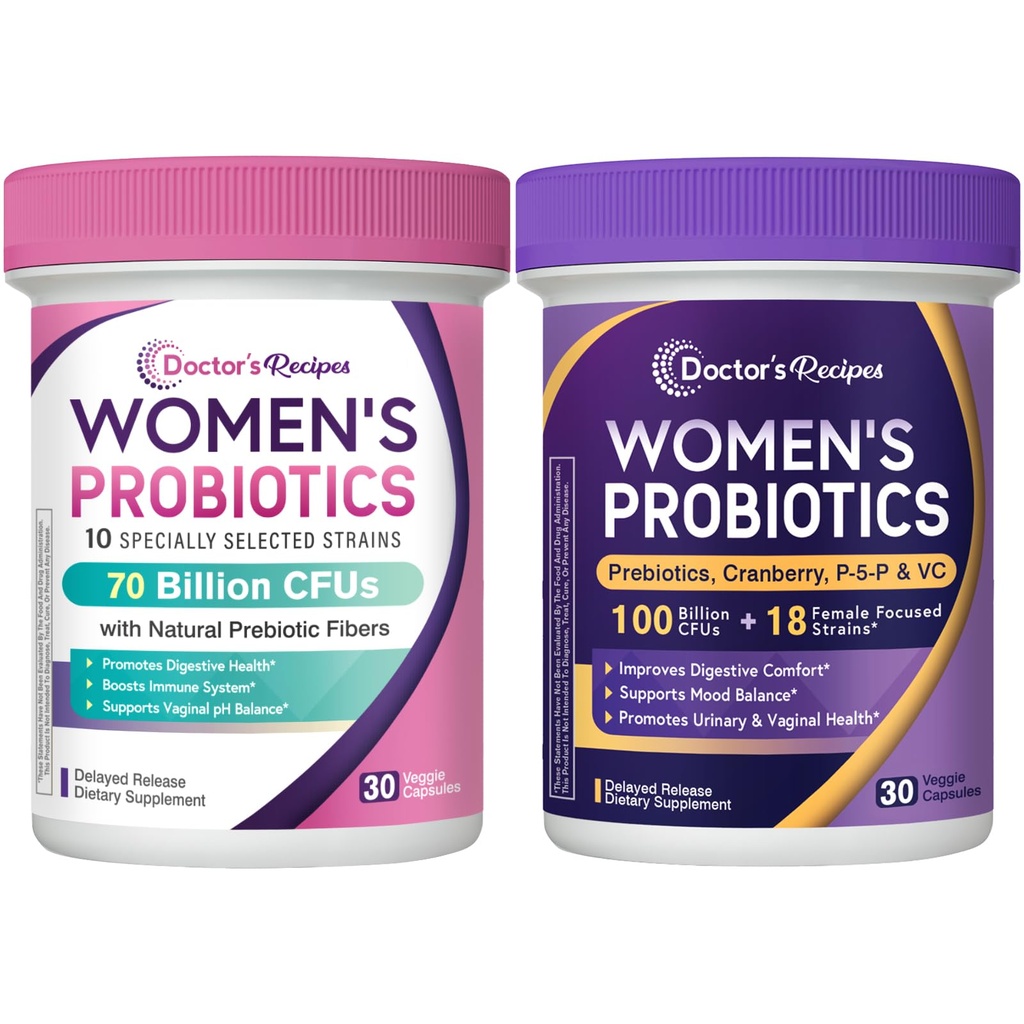 Doctor's Recipes Women's Probiotics Duo, 28 Combined Strains with Organic Prebiotics, Cranberry, P-5-P & Vitamin C, for Comprehensive Vaginal, Digestive & Urinary Tract Health, 60 Vegan Capsules