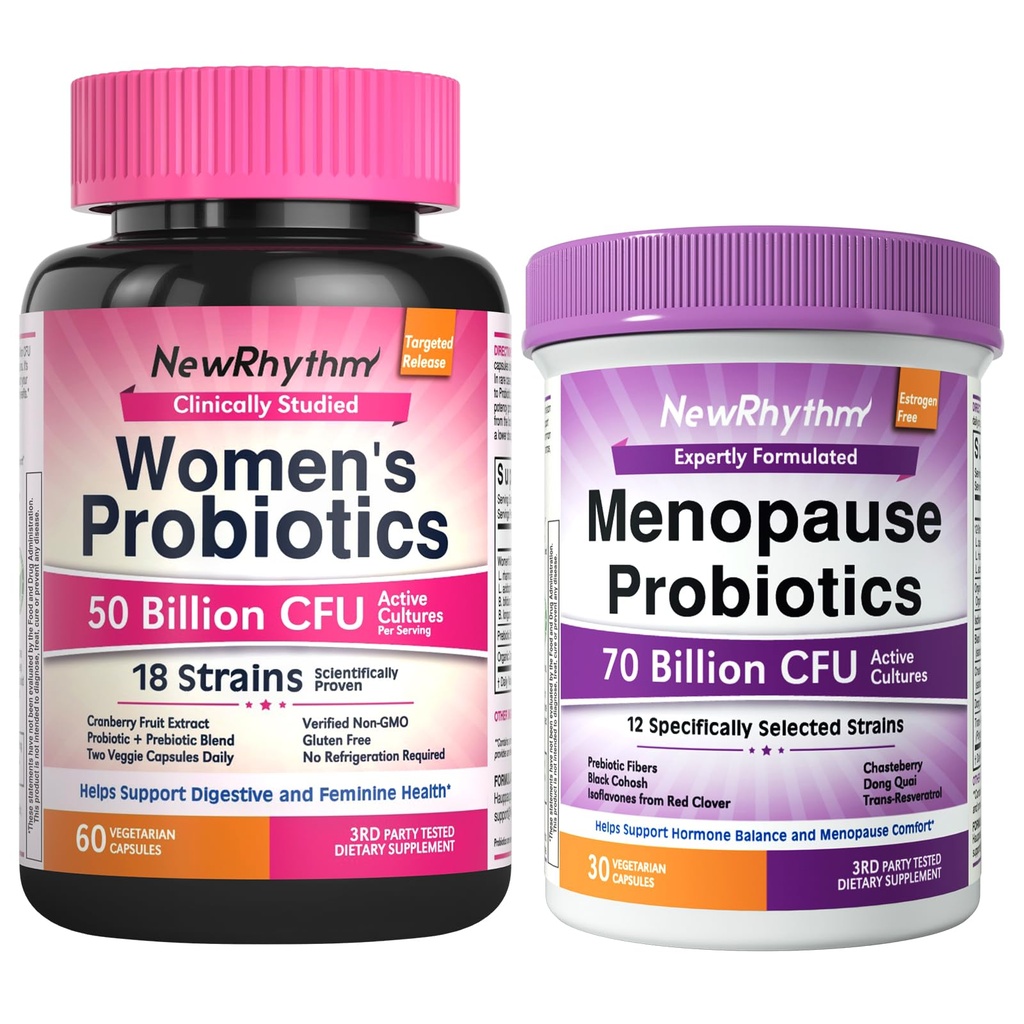 NewRhythm Female Health Bundle: Vaginal Flora Balance + Menopause Comfort, Organic Cranberry, Black Cohosh, 18 Probiotic Strains, 90 Vegan Caps