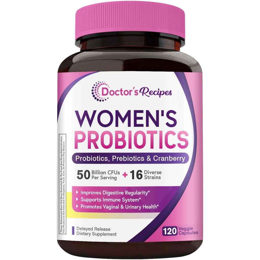 Doctor's Recipes Women's Probiotic, 120 Caps 50 Billion CFU 16 Strains, with Organic Cranberry, Digestive Immune Vaginal & Urinary Health, Shelf Stable, Delayed Release, No Soy Gluten Dairy