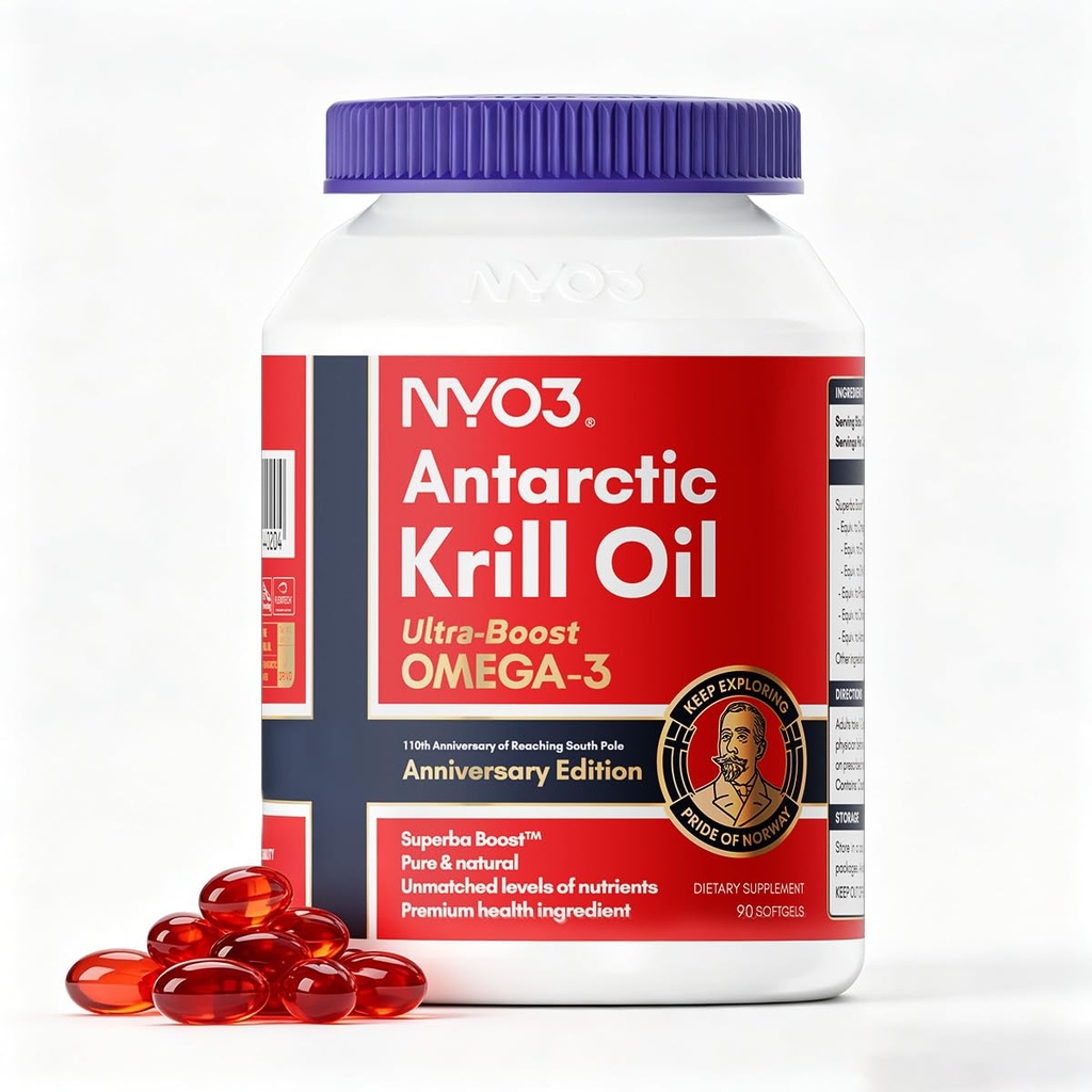 NYO3 Pure Antarctic Krill Oil Omega 3 Supplement, 56% Phospholipids for Maximum Nutrient Delivery, Upgraded Fish Oil with Choline & Antioxidant Astaxanthin for Heart Brain, No Fishy Burps, 90 Softgels
