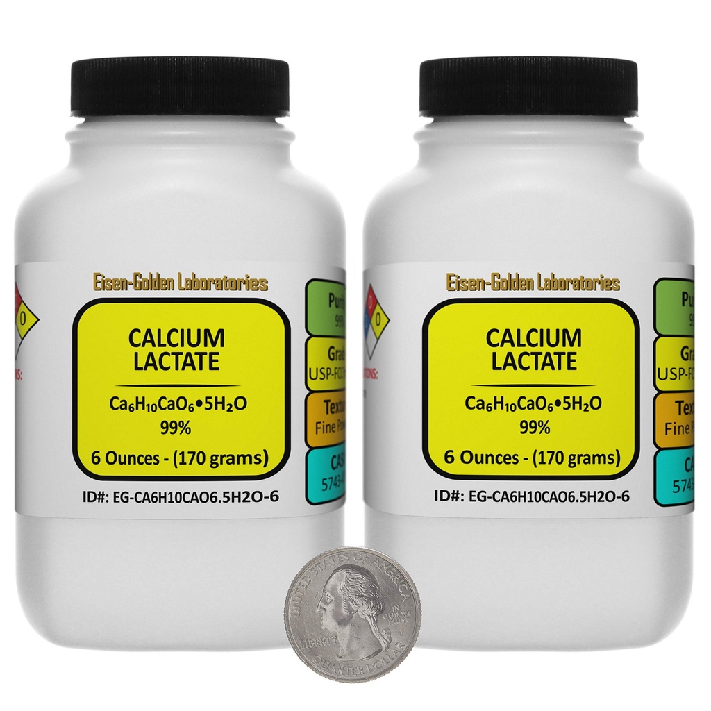 Calcium Lactate [C6H10CaO6.5H2O] 99% USP-FCC Food Grade Powder 12 Oz in Two Bottles