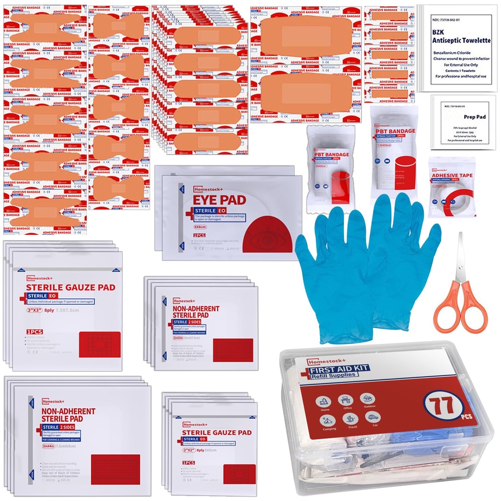 First Aid Kit Refill - Extra Replacement Supplies for First Aid Kits, Loose Packed Restock Supply Pack -77 Piece