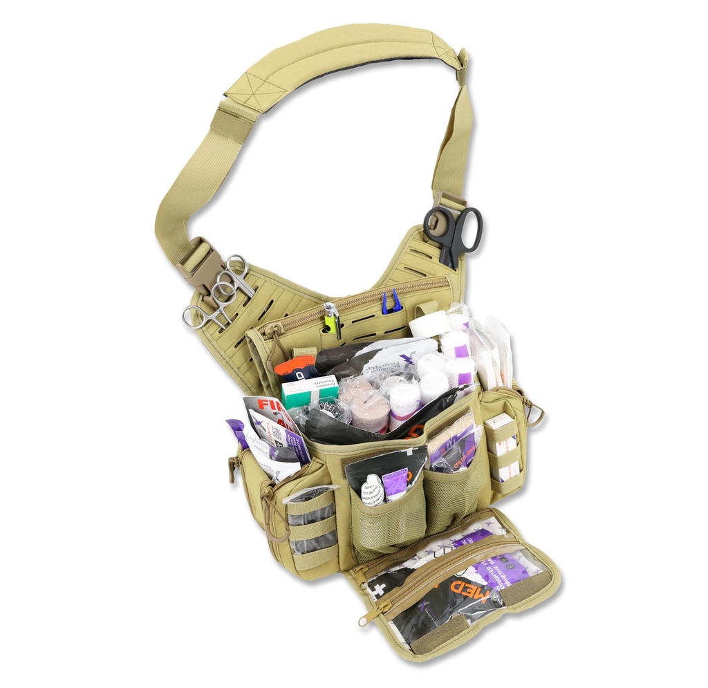 Lightning X Fully Stocked Tactical Shoulder Sling Pack | MB15-SKA | First Aid Responder Medic Kit - TAN