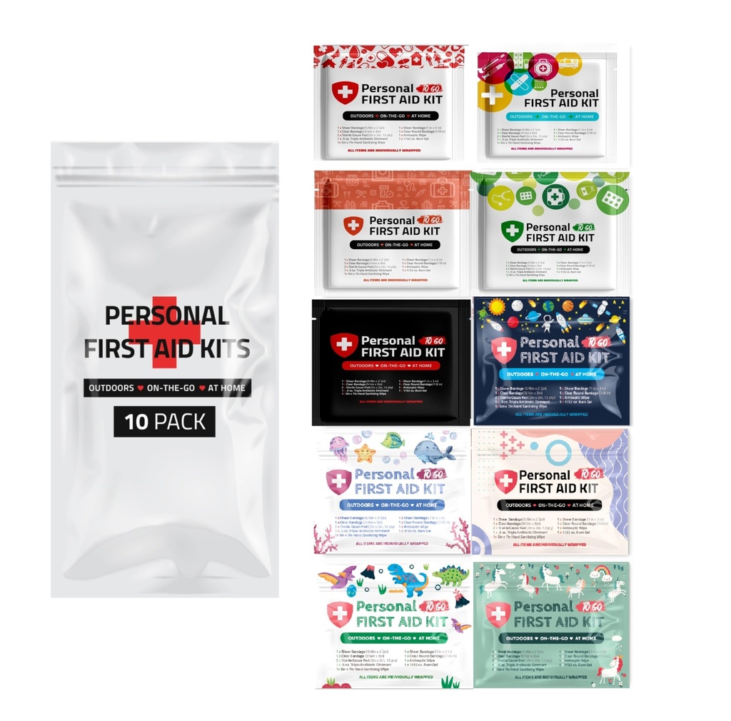 Bulk Mini First Aid Kits - Assorted Color Grab-and-Go Pouches - Travel Size First Aid Supplies for Businesses, Schools, Clinics, Relief Efforts & Wellness (Individual Kits, 10, Count)