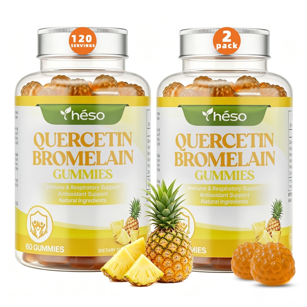 Quercetin Gummies 500mg with Bromelain, Vitamin C, D3 & Zinc – Sugar Free Immune Support Supplement – Pineapple Enzyme Antioxidant Complex, 120 Gummies (2 Pack, 60 Servings)