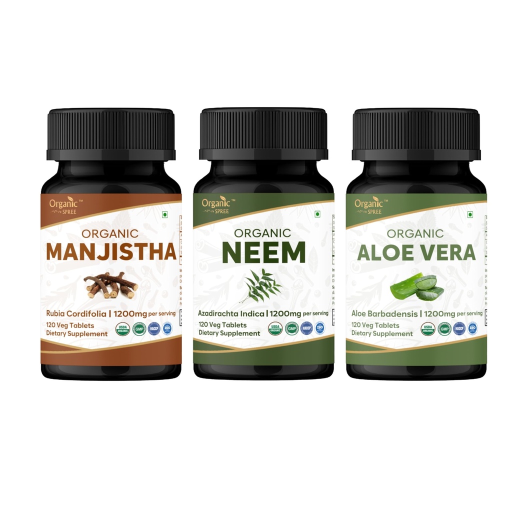 ORGANIC SPREE Manjistha, Neem & Aloe Vera Supplement – 120 Tablets Each – USDA Organic, Supports Skin & Digestion – Rubia Cordifolia, Azadirachta Indica & Aloe Barbadensis