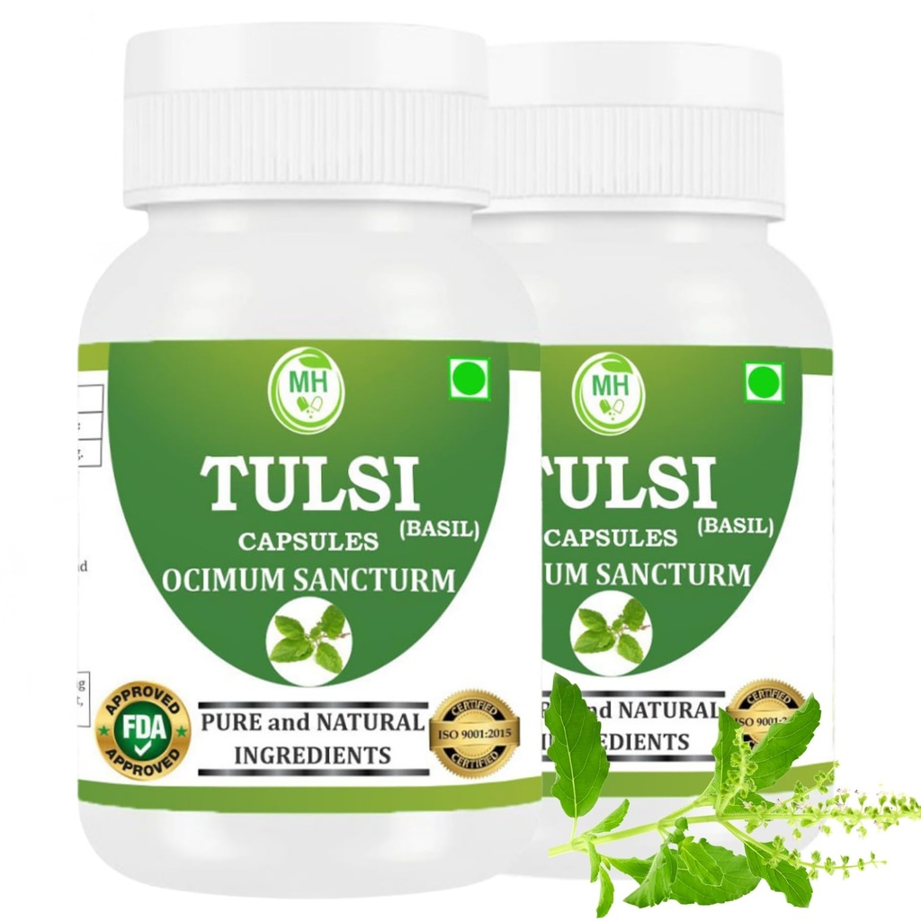 Tulsi Capsules 500 mg – 120 Veg Capsules | Holy Basil Extract | Herbal Supplement | Plant-Based | Vegan-Friendly | No Preservatives (Pack of 2)