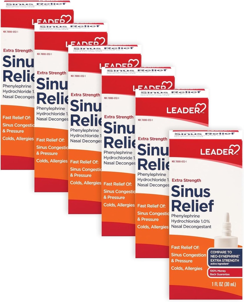 Leader Extra Strength Sinus Relief, Fast Acting, Sinus Decongestant, Nasal Congestion Relief Spray, Cold & Allergy 30 mL Bottle (Pack of 6)