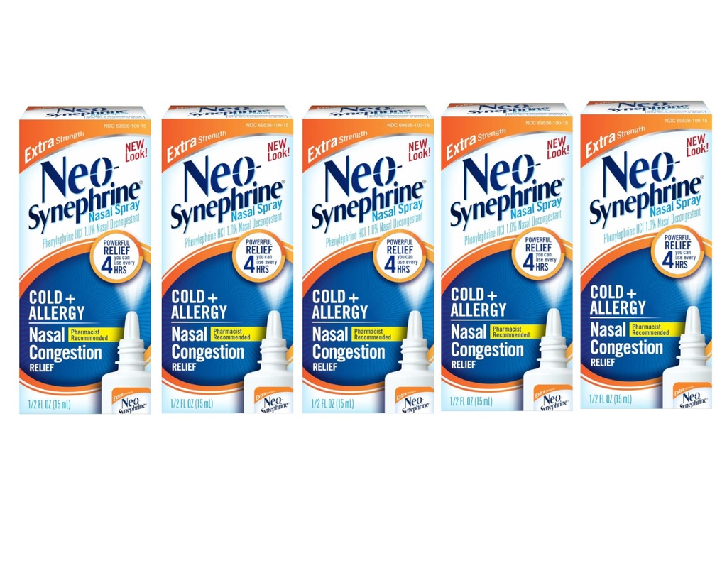 Neo-Synephrine Extra Strength Nasal Spray 15 mL – Phenylephrine 1% Fast Acting Nasal Decongestant For Cold And Allergy Relief (Pack of 5)